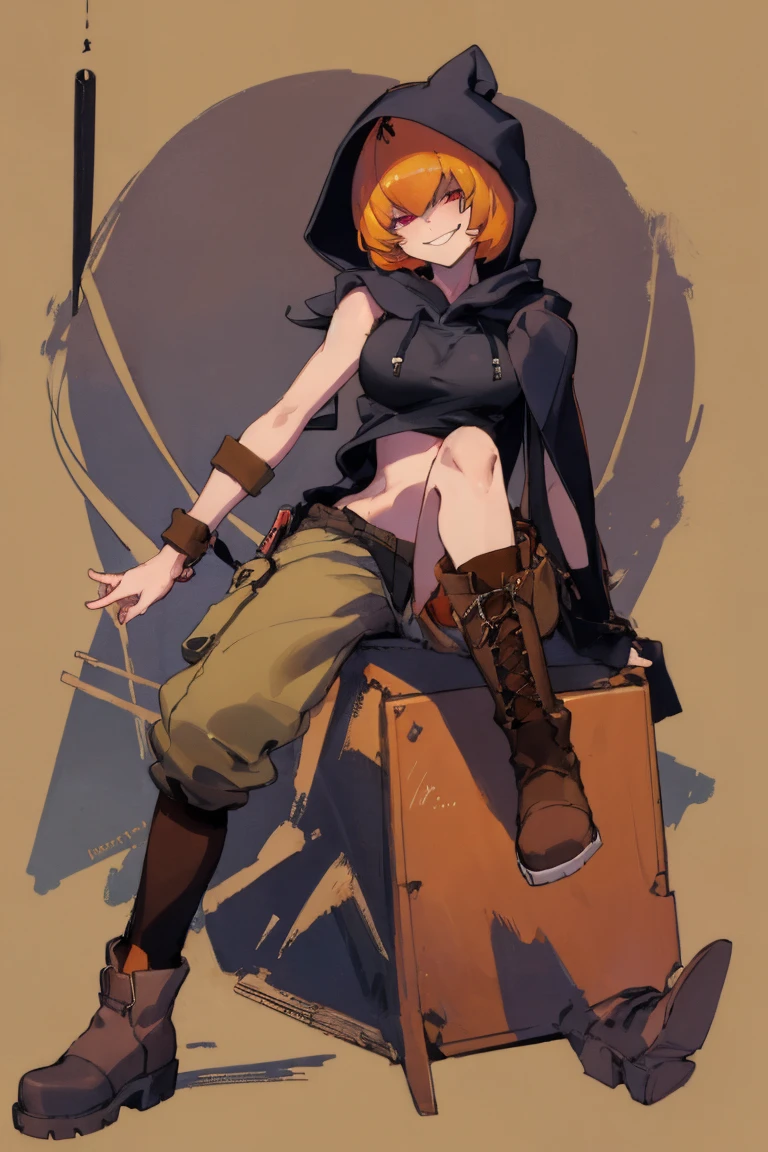 ((highest quality)), ((masterpiece)), (be familiar with),Clementine,Overload,{{nsfw}},Sleeveless hoodie,cargo pants,Bewitching Smile,whole body,boots