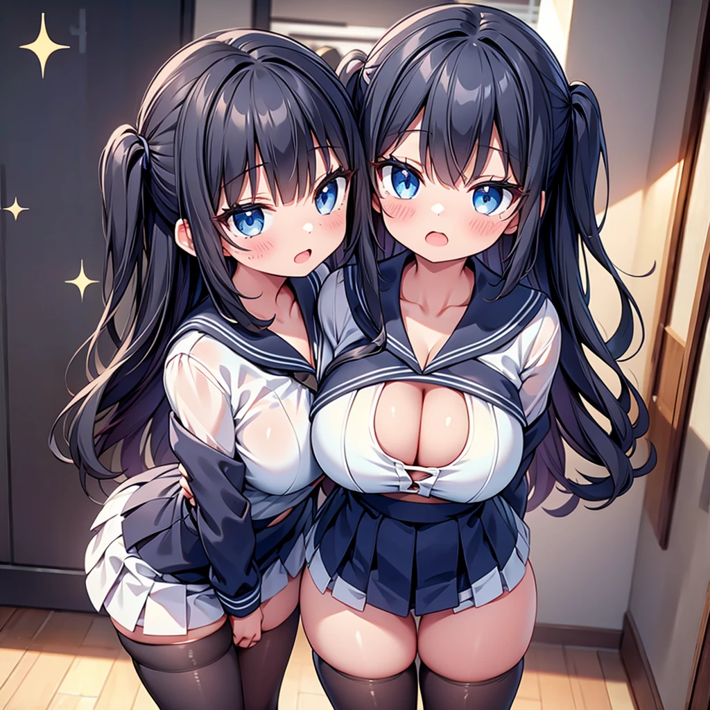 (cute eyes:1.2), (sparkling eyes:1.2), highest quality,wonderful,finely,extremely detailed CG Unity 8K wallpaper, (Stand in line:1.2), (3 girls, Black Hair, cute eyes, sailor uniform, clothed), (cleavage cutout:1.3), (midium breasts), (open mouth:1.1), (long tongue:1.1), (mouth drool:1.1), (black stockings:1.1),(Thighs:1.2),(Waistline:1.2)