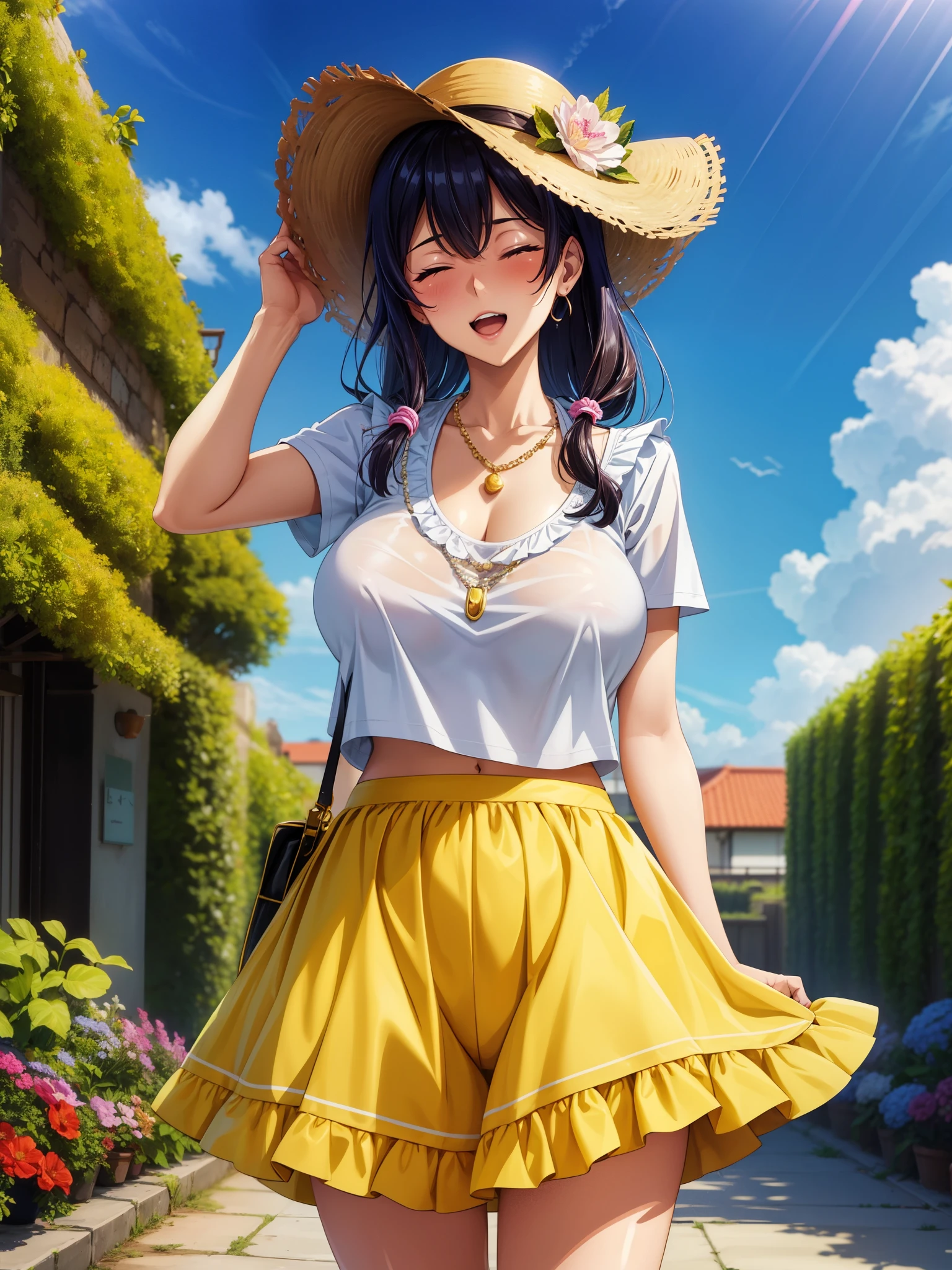 score_9, score_8_up, score_7_up, score_6_up, source_anime, BREAK 1girl  snvAphro, curly hair, hair flower, large breasts, sun hat, white t-shirt, yellow skirt, frills, pearl necklace, garden, looking at you, closed eyes, happy, open mouth, standing