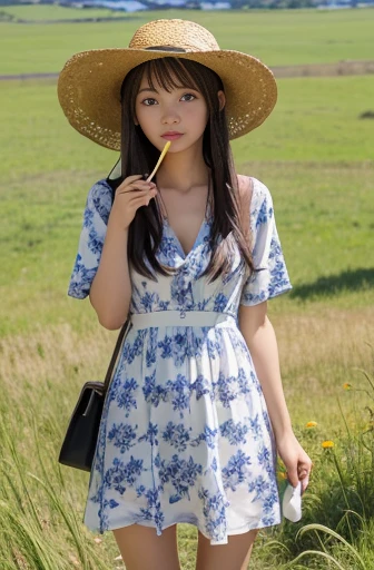 best quality, detailed, beautiful, insanely detailed, absurdres,perfect anatomy,
Japanese female,black hair,27 years old,
(slender),
(small breasts best quality),
mountain, blissful, standing, straight hair, (floral print knee length dress:1.1), Exposing cleavage,straw hat, (I hold my straw hat in my hand so it doesn't blow away in the wind:1.3), japanese, in the grassland, cowboy shot, from above, impressive panoramas