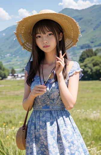 tanned beautiful girl、early summer、Provence region、japanes、wearing a summer dress、18year old、With bangs、Braids、