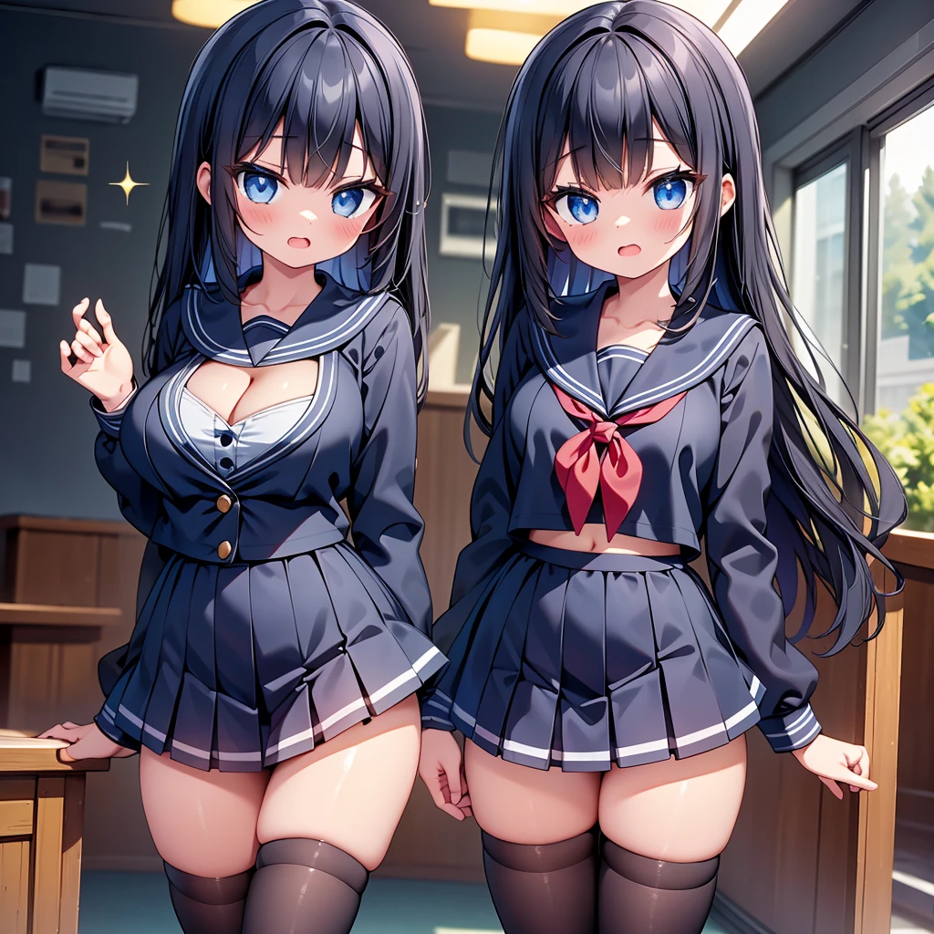 (cute eyes:1.2), (sparkling eyes:1.2), highest quality,wonderful,finely,extremely detailed CG Unity 8K wallpaper, (Stand in line:1.2), (3 girls, Black Hair, cute eyes, sailor uniform, clothed), (cleavage cutout:1.4), (midium breasts), (open mouth:1.1), (long tongue:1.1), (mouth drool:1.1), (black stockings:1.1),(Thighs:1.2),(Waistline:1.2)