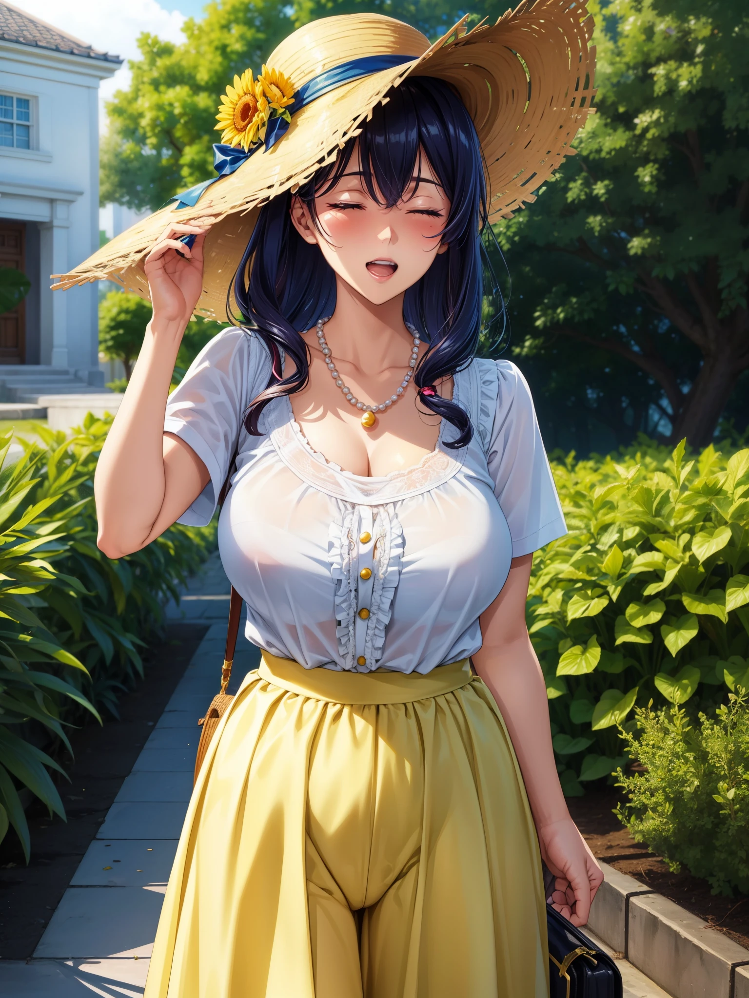 score_9, score_8_up, score_7_up, score_6_up, source_anime, BREAK 1girl  snvAphro, curly hair, hair flower, large breasts, sun hat, white t-shirt, yellow skirt, frills, pearl necklace, garden, looking at you, closed eyes, happy, open mouth, standing