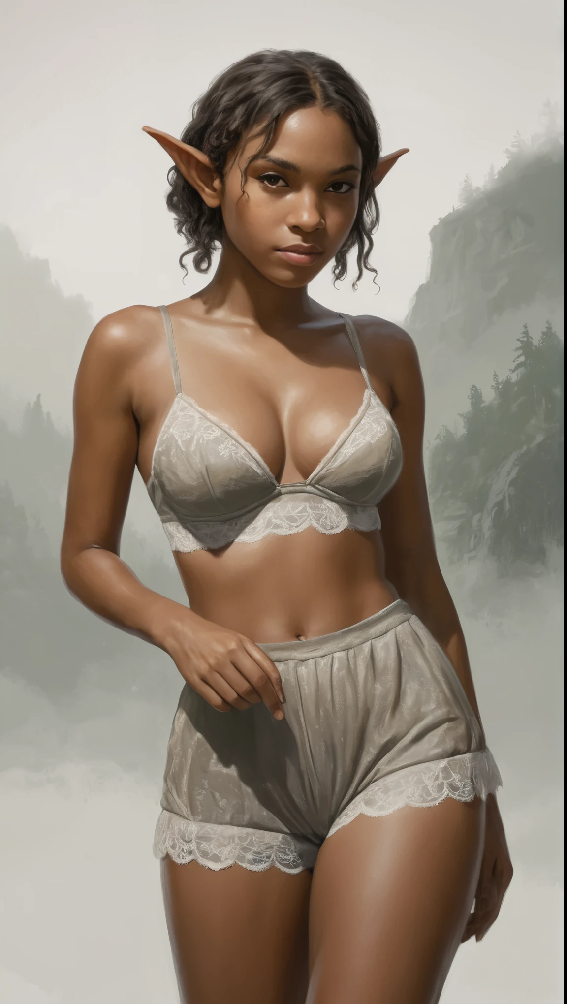 An illustrated movie poster, hand-drawn, full color, a teenage elven girl, wearing a lace bralette and bloomer shorts, light brown skin, African-American, Amazonian body, very tall, athletic, hourglass figure, curvy, bottom-heavy, generous hips, massive bubble-butt, long legs, ridiculously thick powerful thighs, hazel eyes, long pointy elf ears, ash brown hair, short shaggy bob, posing with butt facing toward camera, early morning fog, wet glistening skin, hard shadows, graphite shading, stencil marks, airbrushed acrylic paint, masterpiece, in the style of Lord of the Rings 