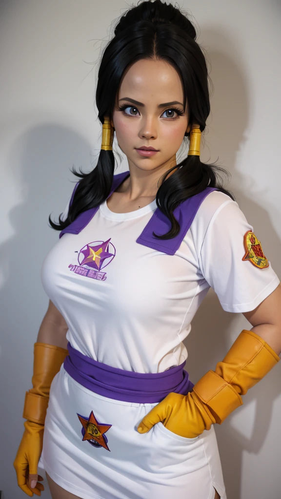 (( 1 mujer sola)), ((camisa blanca)), Hay una 1 mujer con camisa blanca y guantes , chell, chell del portal, videl, cosplay realista, videl , anime hiperrealista, anime 3d realista, videl, cuerpo perfecto fotorrealista, sudor muscular, ((guantes)),