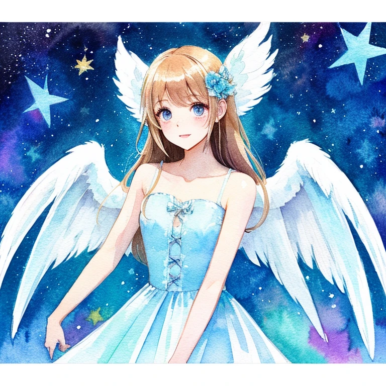 Angel, good luck, watercolor style, cute, starry sky background