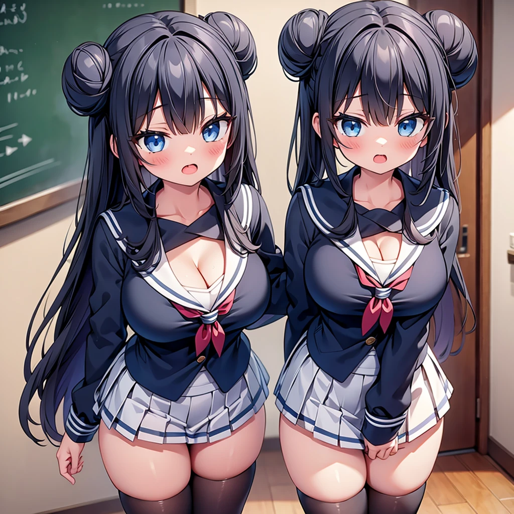highest quality,wonderful,finely,extremely detailed CG Unity 8K wallpaper, (2 Girls,Black Hair, Blue Eyes,double bun), (medium breast:1.2), (sailor uniform:1.1), (cleavage cutout:1.1), (open mouth:1.2), (long tongue:1.2), (mouth drool:1.2), (black stockings:1.1),(Thighs),(Waistline),(standing:1.2),(written boundary depth)