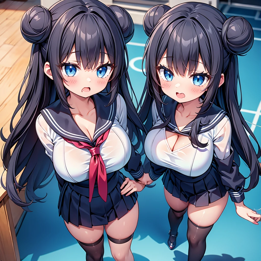 highest quality,wonderful,finely,extremely detailed CG Unity 8K wallpaper, (2 Girls,Black Hair, Blue Eyes,double bun), (huge breast), (sailor uniform:1.1), (cleavage cutout:1.2), (open mouth:1.2), (long tongue:1.2), (mouth drool:1.2), (black stockings:1.1),(Thighs),(Waistline),(standing:1.2),(written boundary depth)