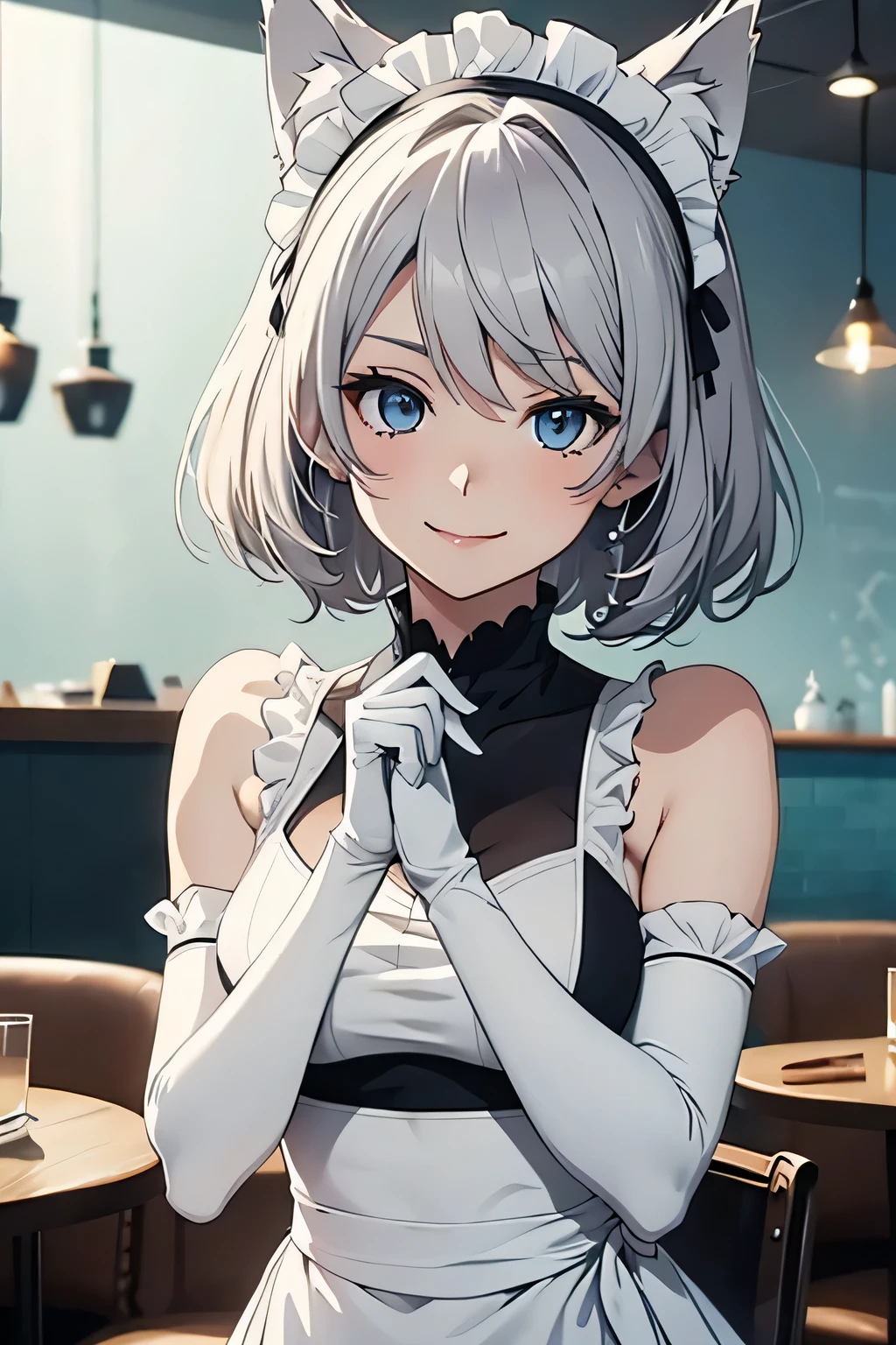 Tabletop Best image quality wonderful Attention to detail One Young Woman((Adult))Anime Style White maid outfit(Sleeveless) snow-white gloves(Elbow Gloves) White Pantyhose(Plain) Wolf Ears short hair((Shortcuts)(Gray Hair)(Curly Hair)(fluffy)) smile(Happy) Eye color is blue background(Cafe)