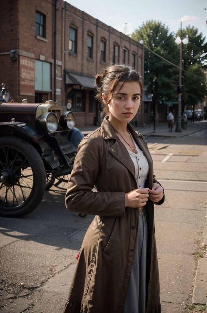 Extremely detailed of a young charming looking girl standing with her 1890s vintage car, Industrial Revolution, ablaze colors, Grainy, 3D Digital Art, Berber, racer, Mohawk, Street Photography, Dawn, Straight-On, Nikon AF-S 70-200mm, Gritty Urban Drama, by Petra Collins