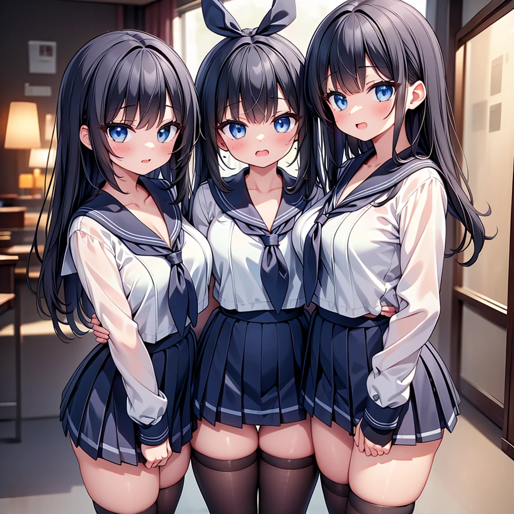 (cute eyes:1.2), (sparkling eyes:1.2), highest quality,wonderful,finely,extremely detailed CG Unity 8K wallpaper, (Stand in line:1.2), (3 girls, Black Hair, cute eyes, sailor uniform, clothed), (cleavage cutout:1.2), (midium breasts), (open mouth:1.1), (long tongue:1.1), (mouth drool:1.1), (black stockings:1.1),(Thighs:1.2),(Waistline:1.2)