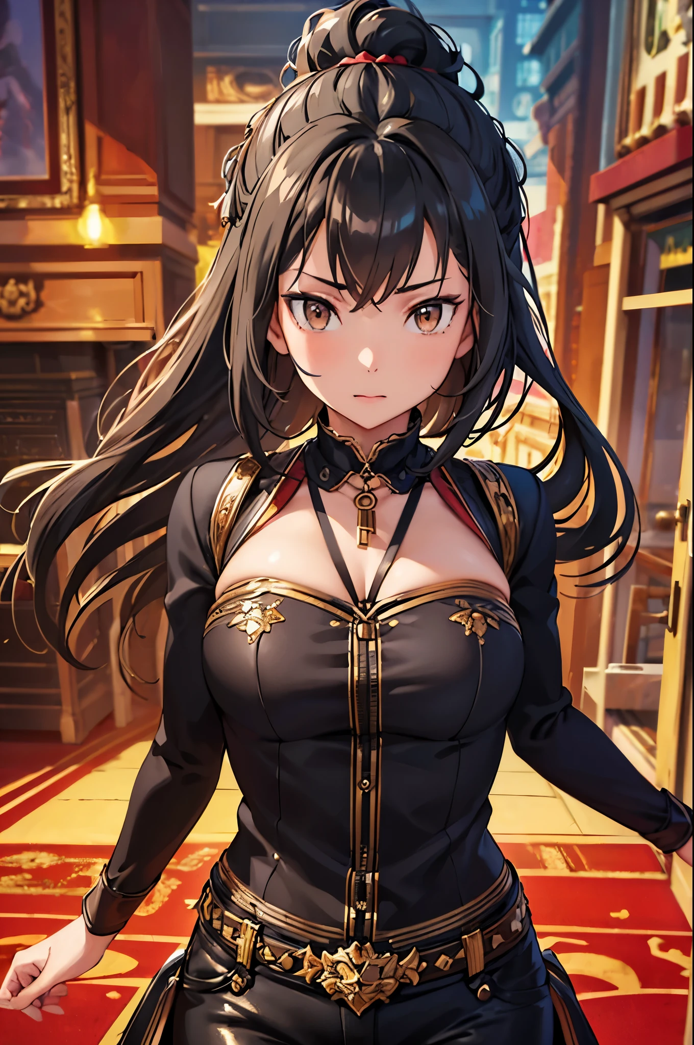 (masterpiece, best quality:1.2), expressive eyes, perfect face, highres, 1girl, solo, (female:1.5), subaru_natsuki, black hair, brown eyes, coat, black pants, standing, upper body, portrait, looking at the viewer