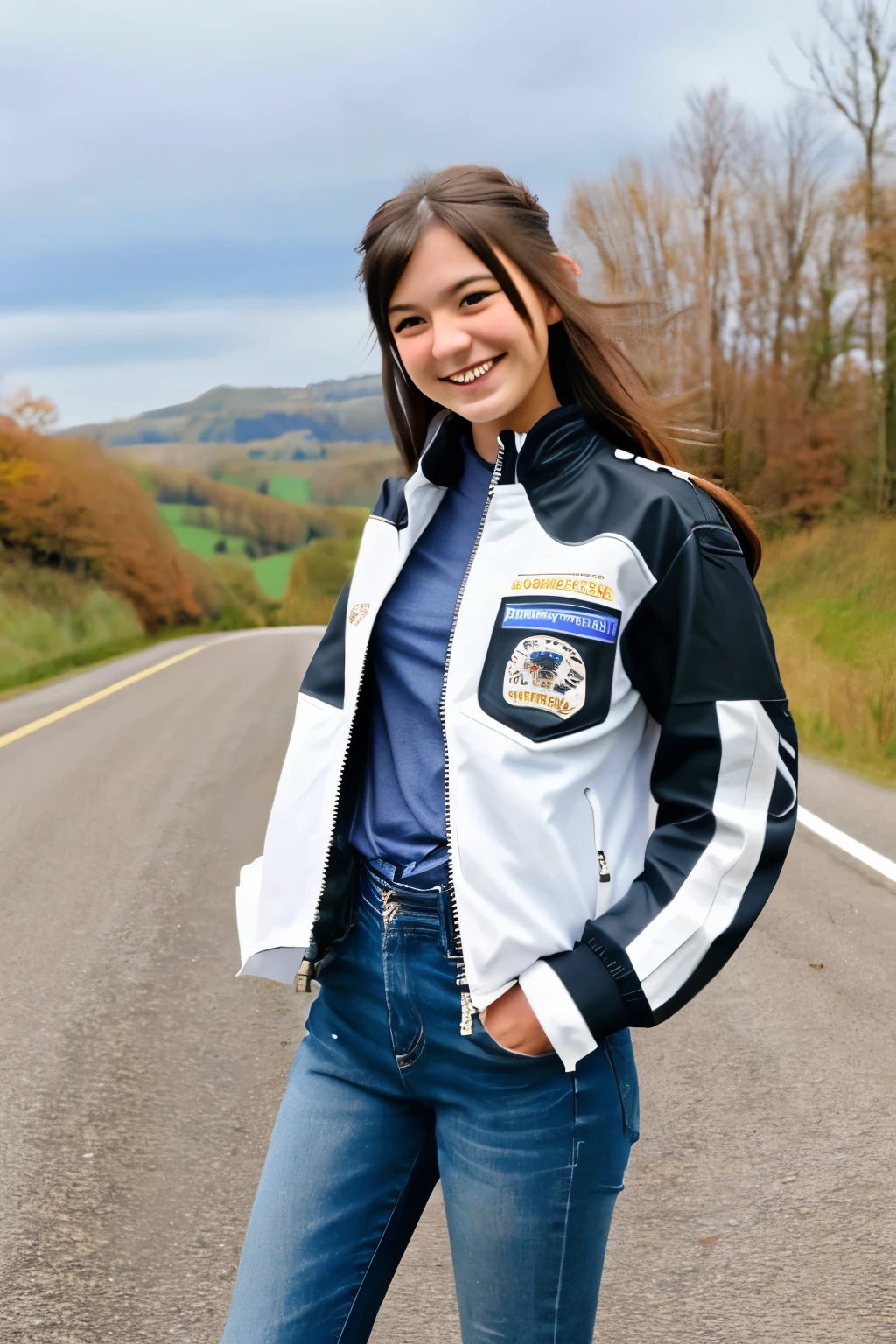 A very pretty young woman、A female rider taking a break during a tour, wearing a rider jacket and standing on a country road, smiling