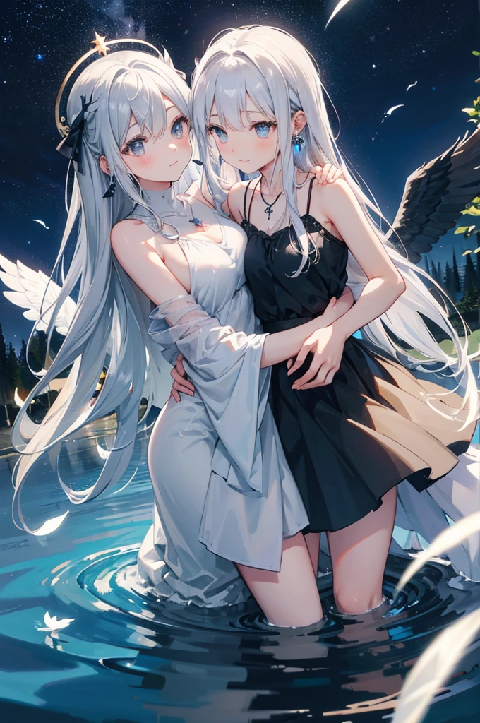 Gray Hair Long Hair smile Night Sky Moon reflected in the lake in the forest shooting star Angel Halo Two small white feathers on the head Four large white wings on its back Large Breasts Black camisole Trying to hug necklace Big earrings Fluffy hair Fantasy