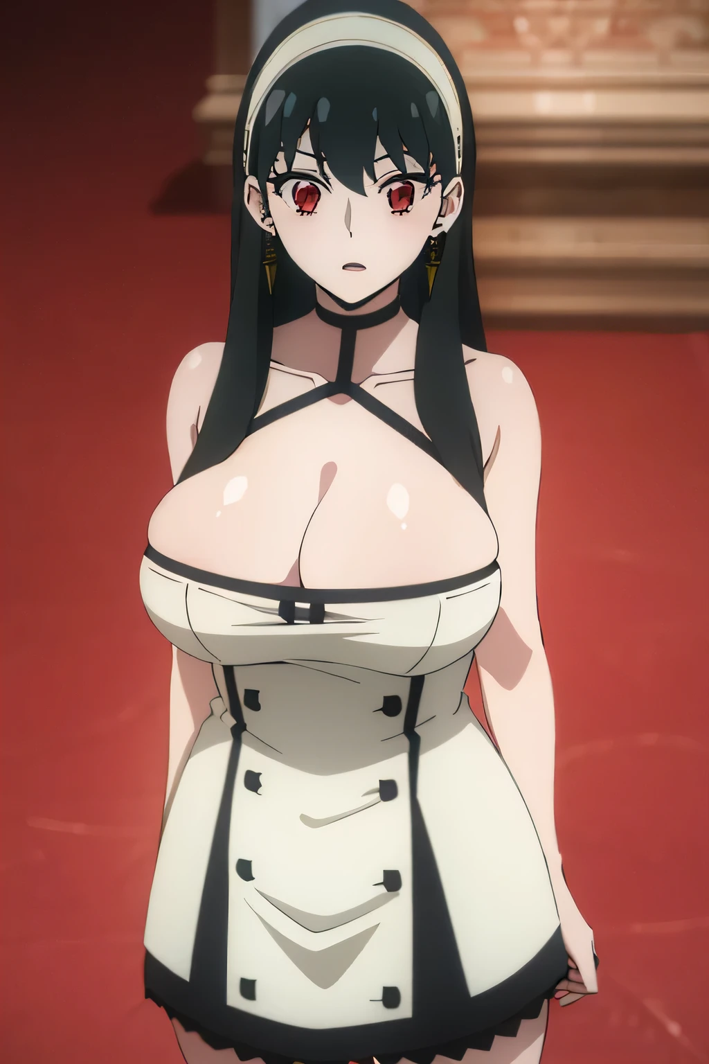 1girl, masterpiece, high quality, huge breast, bright breasts, looking into camera, safe, shining , blush face, black lace dress, cleavage, standing,  yor briar, yor forger, laceyor briar, black hair, (red eyes:1.5), earrings, white hairband, hairband, long hair, white job skirt 