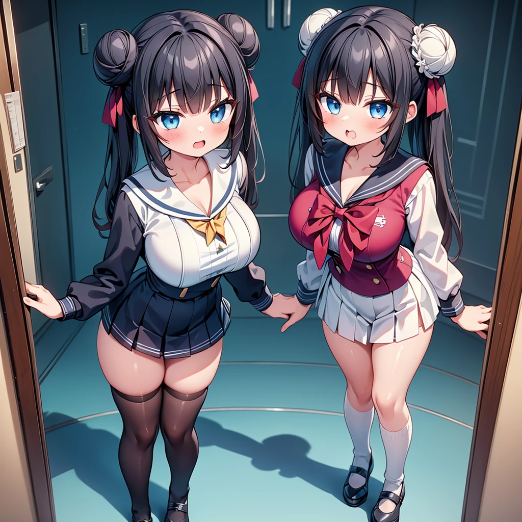 highest quality,wonderful,finely,extremely detailed CG Unity 8K wallpaper, (2 Girls,Black Hair, Blue Eyes,double bun), (huge breast), (sailor uniform:1.1), (cleavage cutout:1.1), (open mouth:1.2), (long tongue:1.2), (mouth drool:1.2), (black stockings:1.1),(Thighs),(Waistline),(standing:1.2),(written boundary depth)