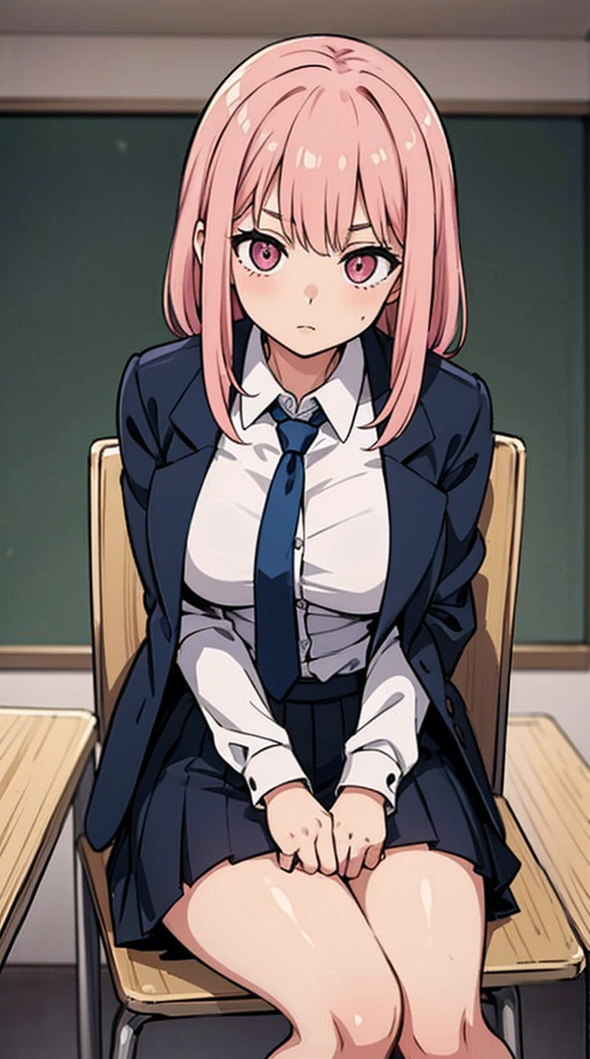 KyokoDG, 1girl, necktie, solo, jacket, shirt, looking at viewer, long sleeves, white shirt, collared shirt, sitting on chair, classroom, pink blood,