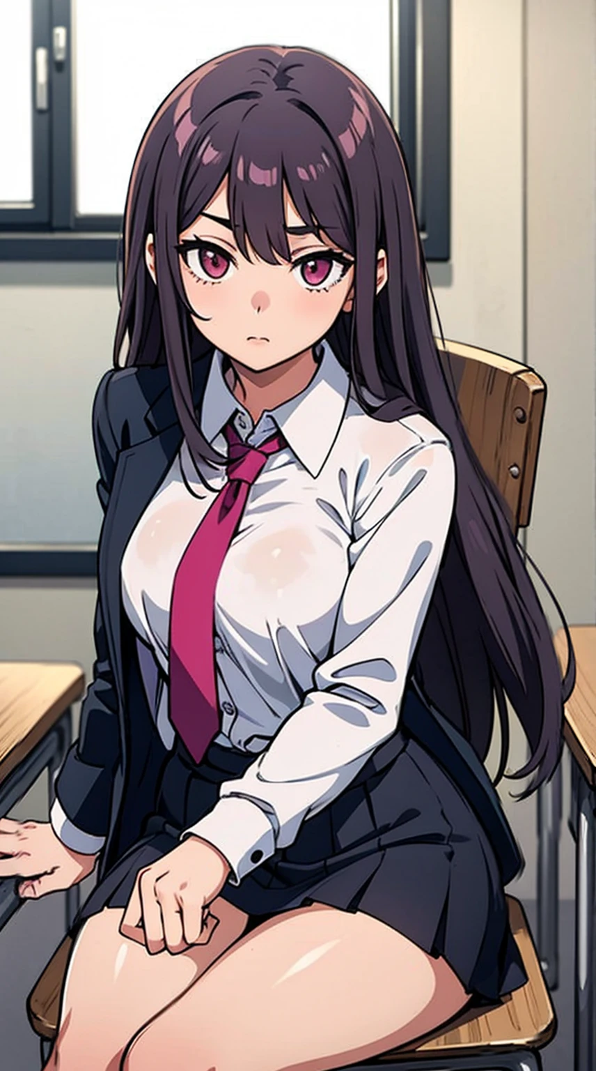 KyokoDG, 1girl, necktie, solo, jacket, shirt, looking at viewer, long sleeves, white shirt, collared shirt, sitting on chair, classroom, pink blood,