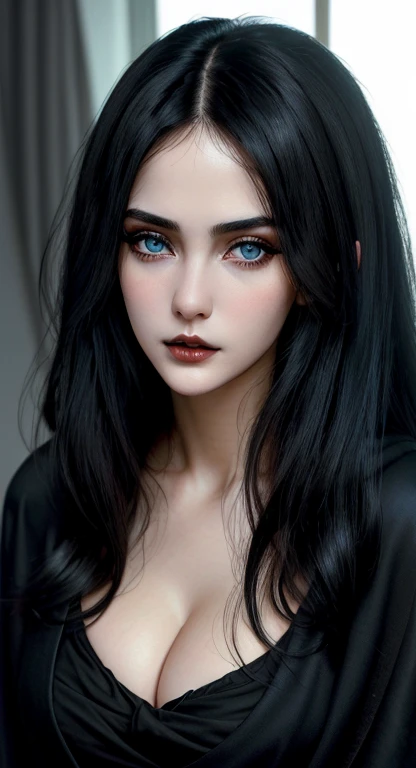 (best quality, hyperdetailed photography:1.2), beautiful lady, , blue eyes , black hair,dark makeup, soft light, snoopy breast,head and breast portrait, cover, (detailed beautiful face, detail skin texture, ultra-detailed body:1.1) sexy vampire girl,, massive perfect breast, closeup portrait, sexy woman, black robe,