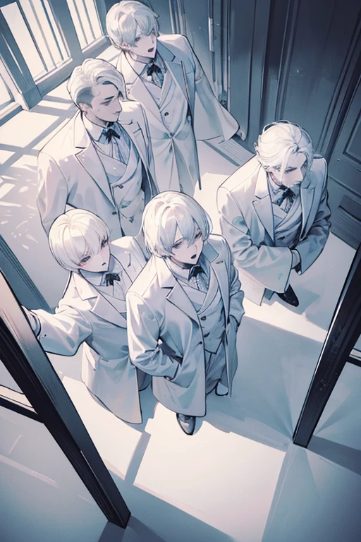 monochrome,masterpiece,illustration, best quality, best aathetic,male focus, full body,looking away:1.4,Four men in white coats standing,a man makes a speech with his arms outstretched,Screaming,anger,white shirt,white hair,Three men looking on,
Low angle and full shot, overhead shot,from above,