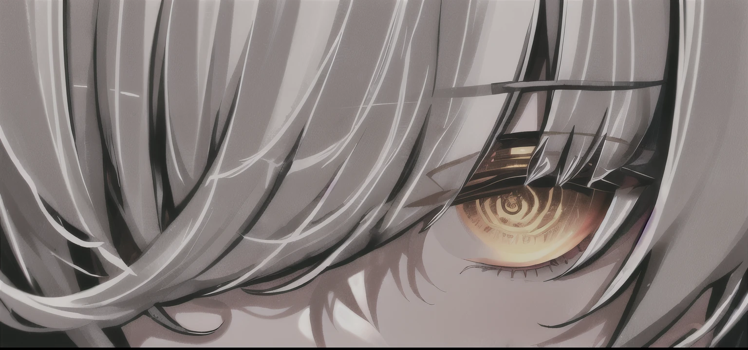 (Happy:1.3) (masterpiece), (unity 8k), (1girl:1.3), solo, large chest, ((silver hair)), messy hair, short hair, golden yellow eyes, star-based design, cardigan, black long gloves, brown shoes, skirt, black leg tights, leg warmers, spiral swirls in eyes, ((ring eyes)), ((left eye hidden)), bangs over left eye, ribbons, frills, lace, ((one eye hidden)), ((full body:0.7)),