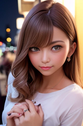 First Person View, (masterpiece:1.3), High resolution, Super detailed, Highly detailed CG Unity 8k wallpaper, Realistic, photo-Realistic, RAW Photos, Beautifully detailed face, Pale skin, Realistic glistening skin, Detailed cloth texture, Detailed hair texture, Perfect body, Beautiful Face, Accurate, Anatomically correct, Highly detailed face and skin texture, Natural neck length, (Beautiful Hands), (Fair skin:1.2), Thin legs, Thin legs, Good teeth alignment,
break,
Fine grain, Symmetrical eyes, Light brown eyes, double eyelid, Thin eyebrows, (Glossy Lips:1.4), ((Provocative smile:1.2)), (blush:1.3),
break,
(Classy and cute girl:1.3), (Wearing an elegant light purple button shirt:1.2),
break,
(Navy long irregular hem skirt:1.2), (Long skirt),
Medium chest, (Slim figure:1.1), Toned Abs, Beautiful clavicle,
(Dark blonde hair, Wavy Hair, Long Hair:1.2), ((Asymmetrical bangs:1.2)), ((whisper with hands around mouth:1.3)),
break,
(Standing leaning forward),
((in the outdoor 'Biergarten' of Japan at night:1.2)), (night), (night), (night), (Upper Body Shot:1.2), View your viewers, From above:0.5,