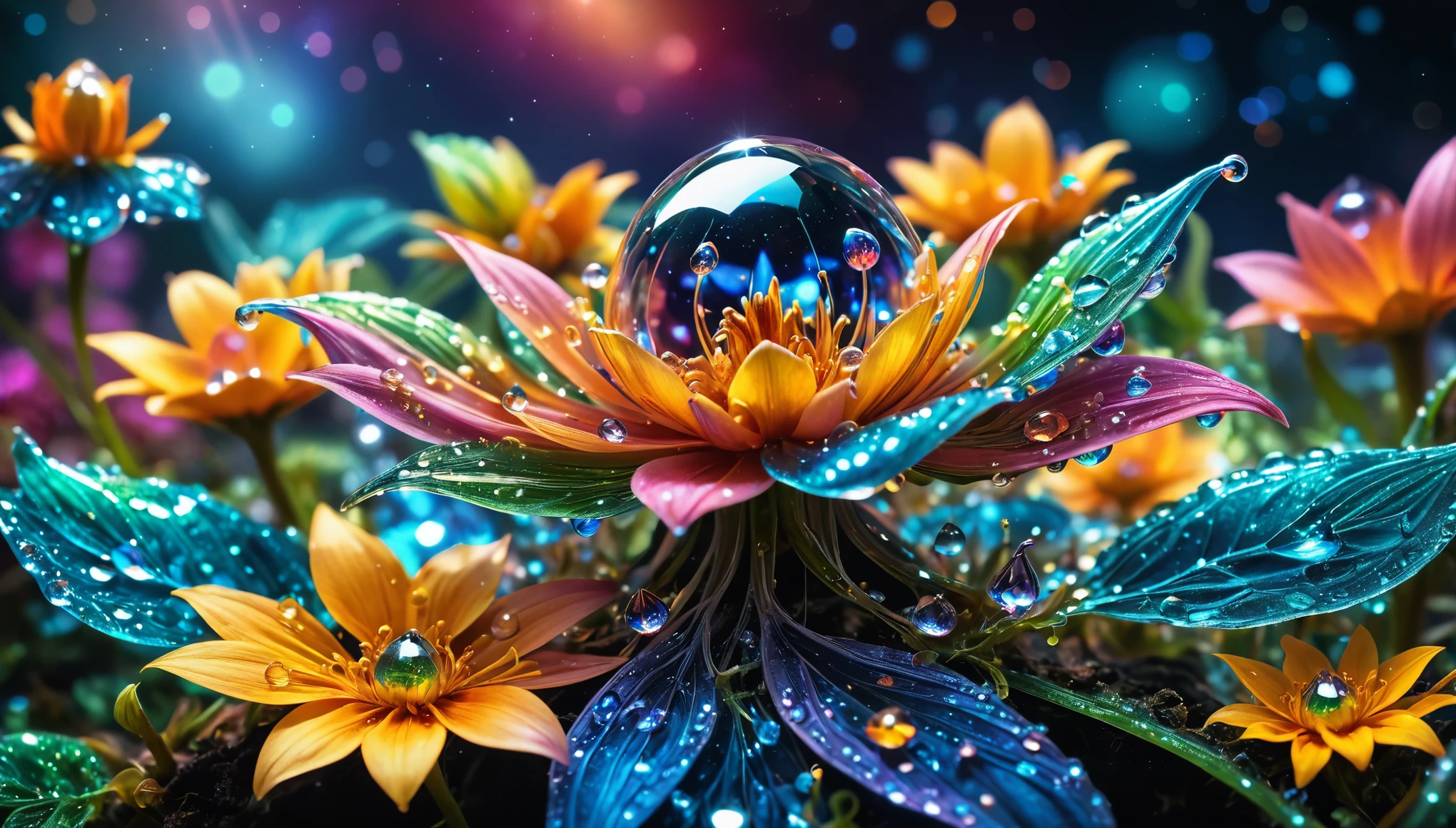 macro photo, sparkling magical fantasy glass flower dewdrop, very detailed, amazing quality, intricate, cinematic light, highly detail, beautiful, surreal, dramatic, galaxy fantasy colors, 