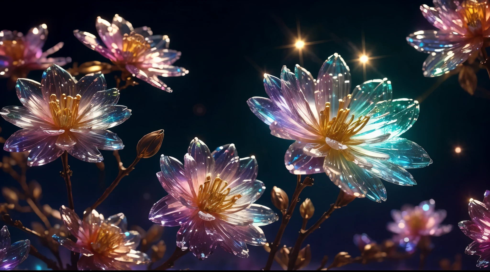 Crystal Spring Blossom,
Fantasy, galaxies, Transparent,glistening, sparkling, splendid, colourfull, Extreme Wide Shot, 
magical photography, with dramatic lighting, photo realism, Ultra-detailed, 4k, high resolucion