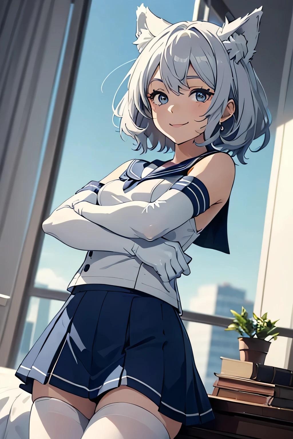 Tabletop　 Best image quality　wonderful　Attention to detail　One Young Woman（（Adult））Anime Style　White Sailor Suit（Sleeveless）　Navy blue mini skirt　Pure white gloves（Elbow Gloves）　Stretch your arms　White Pantyhose（Plain）　wolf ears　short hair（（Shortcuts）（Gray Hair）（Curly Hair）（fluffy））　smile（Happy）　Eye color is blue　background（Bedroom）　View from below