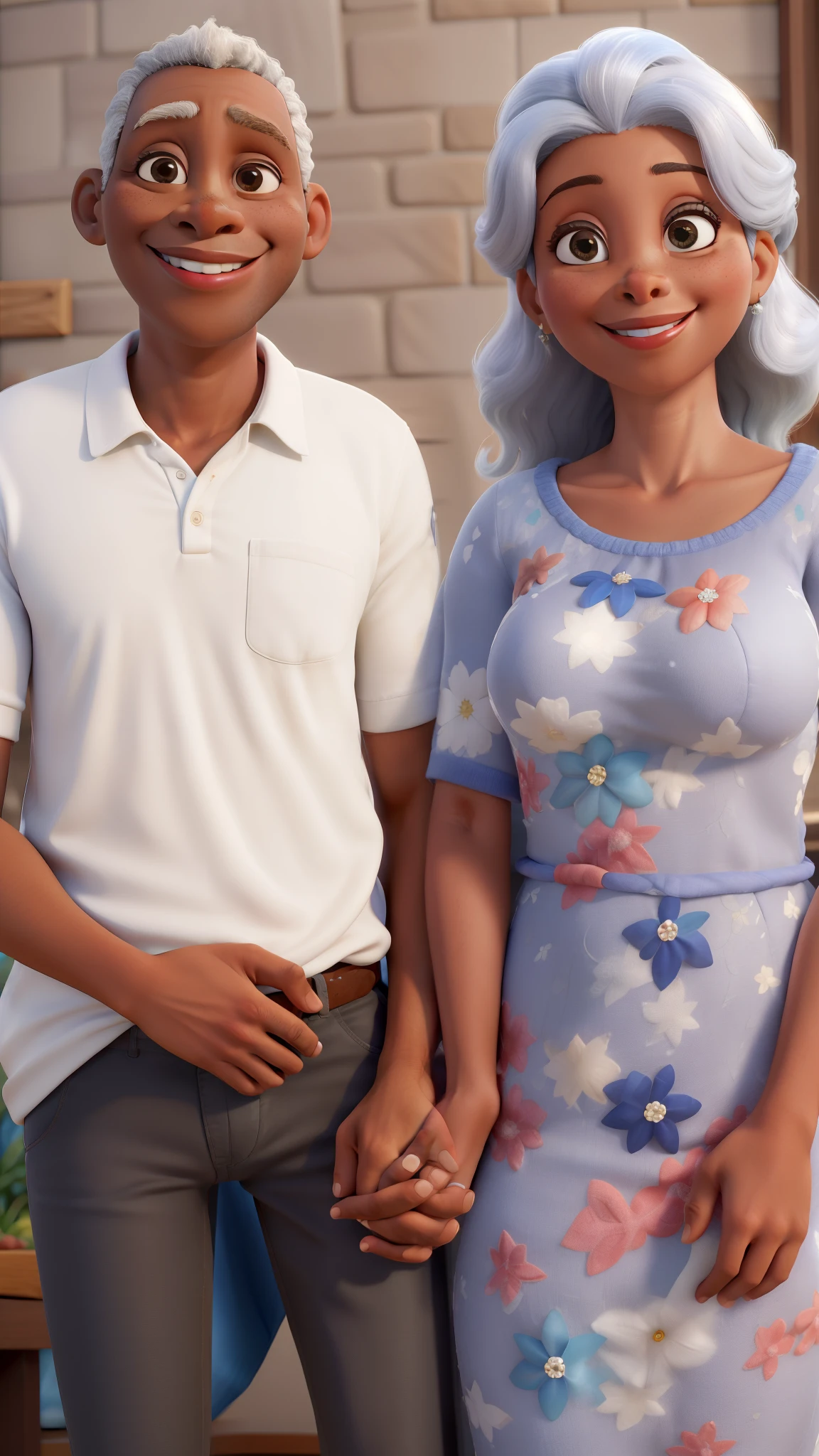 Obra-prima, de melhor qualidade, um casal de idade, a mulher tem uma aereola de anjo, cabelos brancos longos lisos, olhos azuis, pele clara o homem tem pele escura, cabelo curtinho, sem barba e olhos pequenos com sorriso.