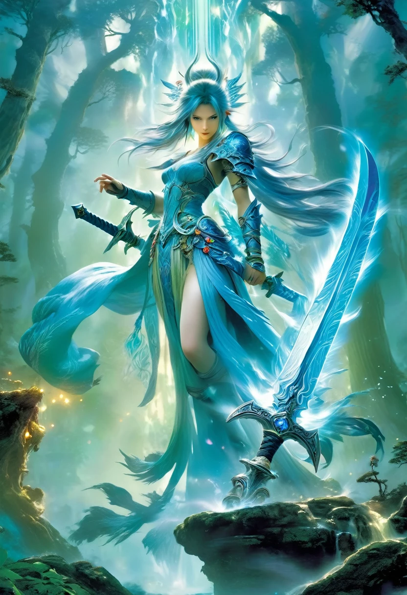 a girl,, 1, blue hair, transparent wings, (holding weapon:1.3), standing at the edge, floating islands, looking down, venusbody,