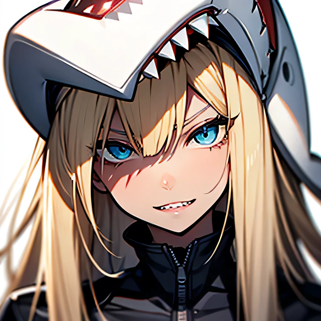 Girl, light blonde hair, pale, lips, white background, straight hair, bangs, light honey eyes, confident, sharp teeth, shark teeth