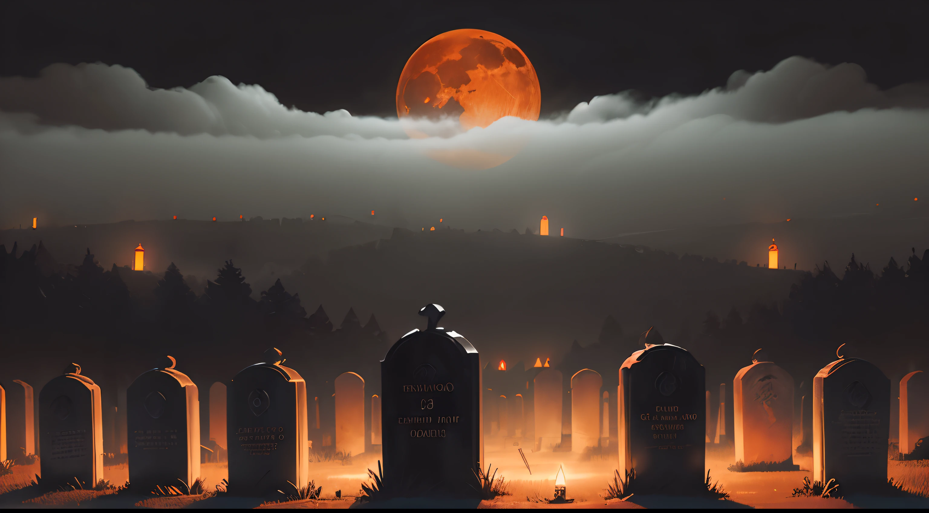 (((Dark and warm colors))), (Night time), (Orange moon), (Red candles on gravestones) (A huge dark cemetery), (Men in blurry clothes)