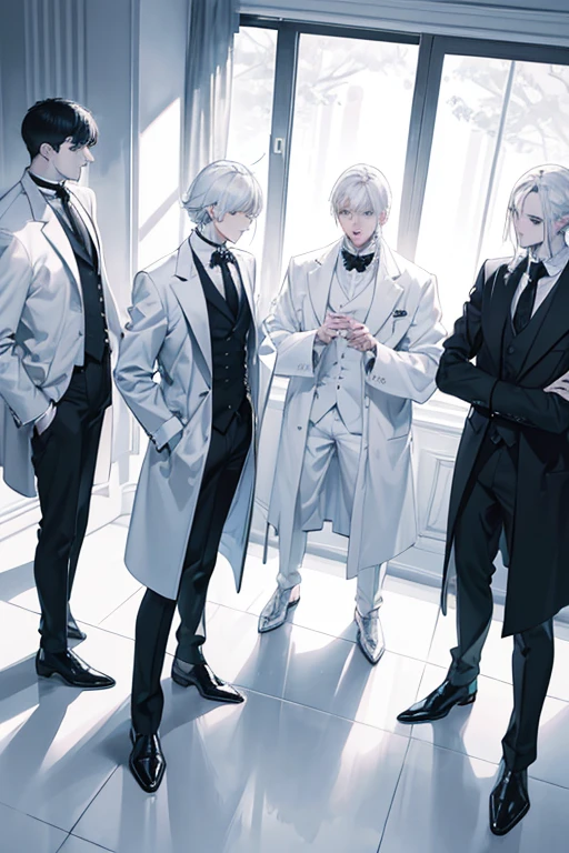 monochrome,masterpiece,illustration, best quality, best aathetic,male focus, full body,looking away:1.4,Four men in white coats standing,One man faces the other,,Screaming,anger,white shirt,white hair,Three men looking on, Low angle and full shot, overhead shot,from above,