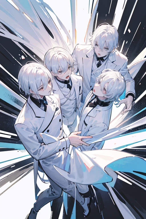 monochrome,masterpiece,illustration, best quality, best aathetic,male focus, full body,looking away:1.4,Four men in white coats standing,One man faces the other,,Screaming,anger,white shirt,white hair,Three men looking on, Low angle and full shot, overhead shot,from above,