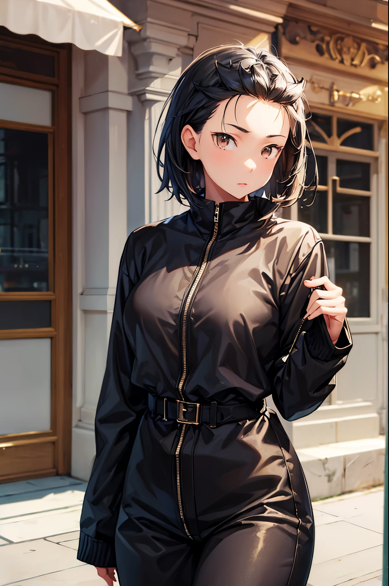 (masterpiece, best quality:1.2), expressive eyes, perfect face, highres, 1girl, solo, (female:1.5), subaru_natsuki, black hair, medium hair, brown eyes, coat, pants, standing, upper body, portrait, looking at the viewer