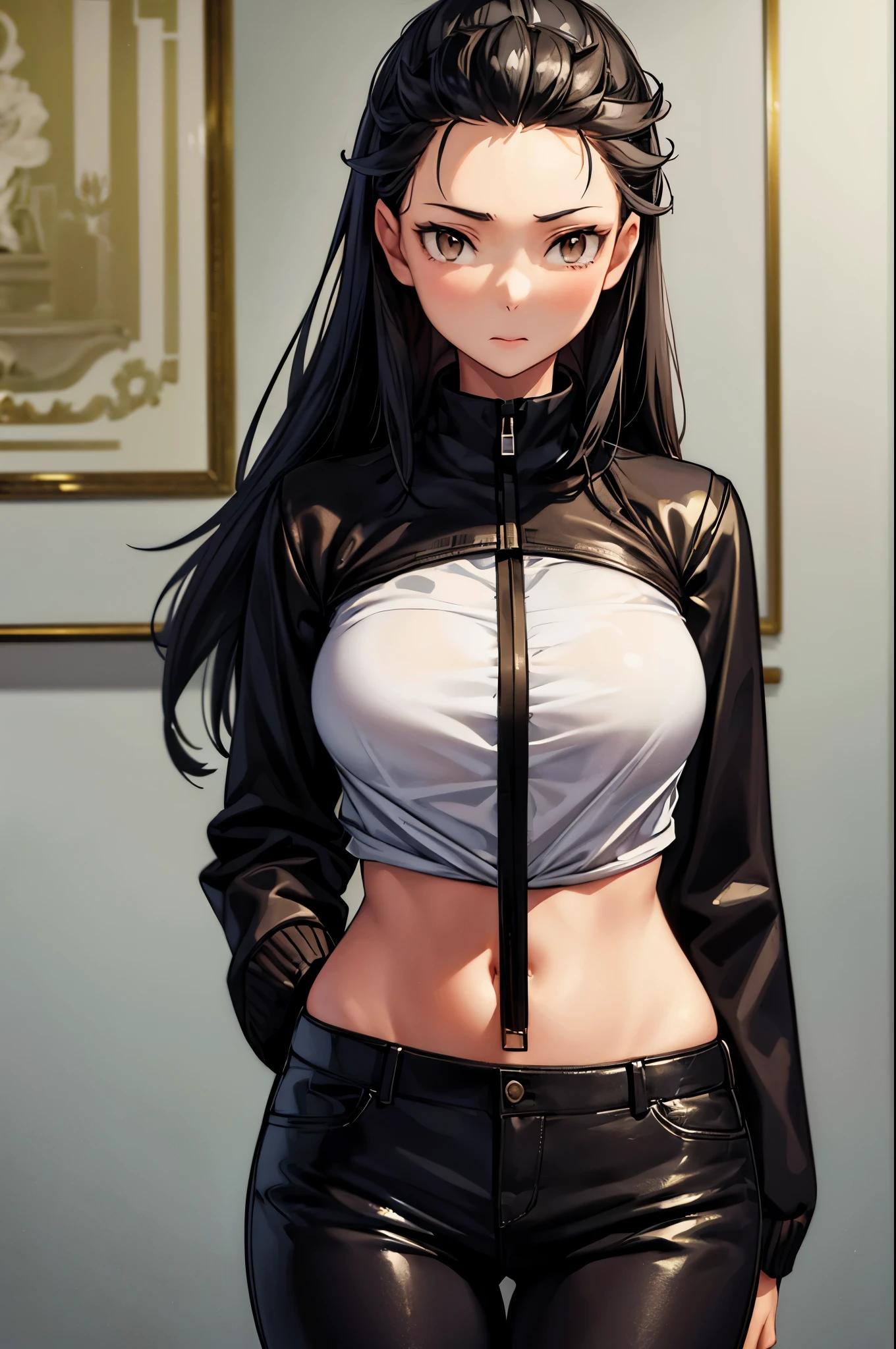 (masterpiece, best quality:1.2), expressive eyes, perfect face, highres, 1girl, solo, (female:1.5), subaru_natsuki, black hair, brown eyes, coat, black pants, standing, upper body, portrait, looking at the viewer