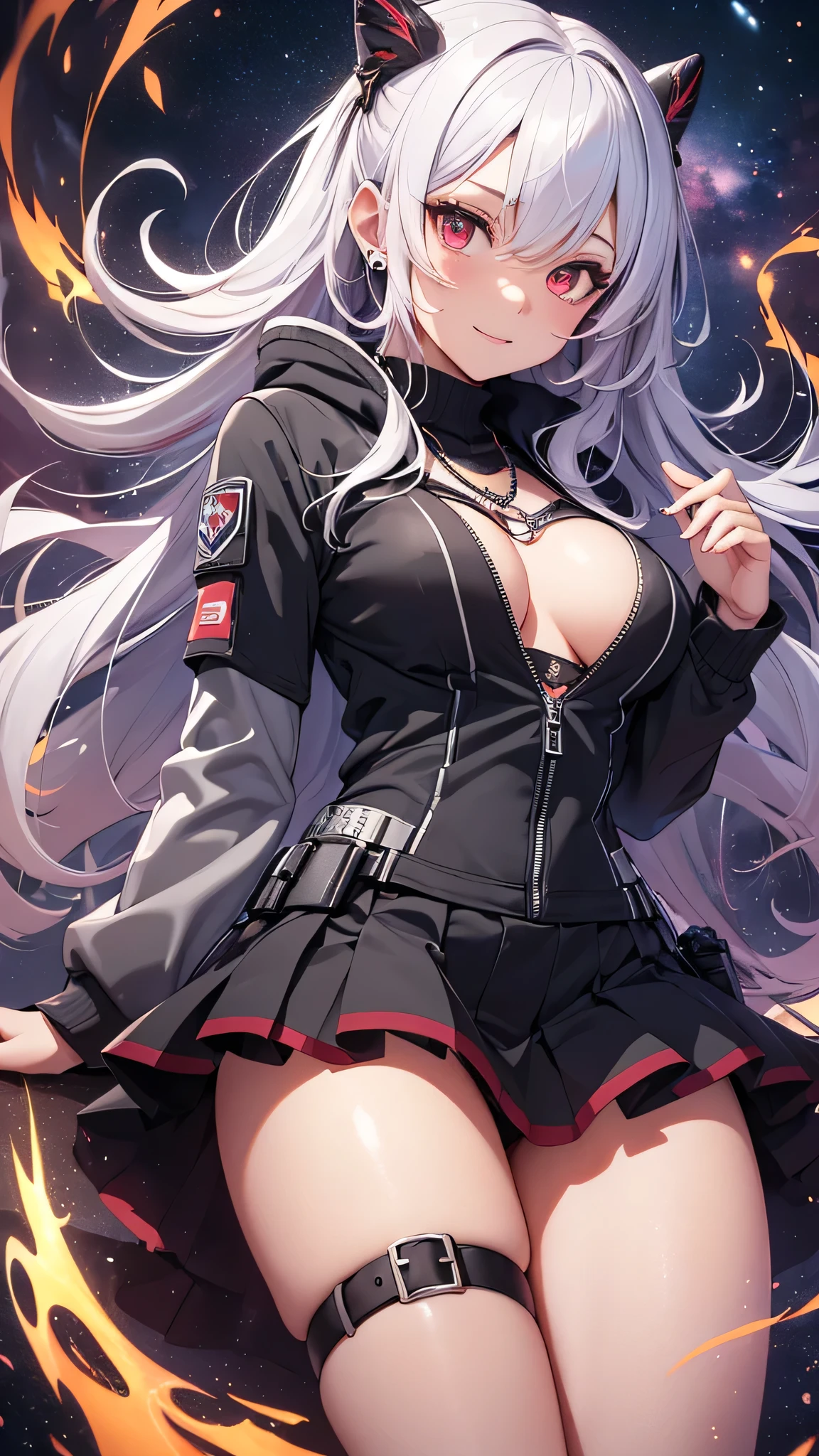 最high quality、Best image quality、masterpiece、girl((18-year-old、 By becoming、Best Bust、Medium Bust,Wide open breast tea、Red glowing eyes,Silver Hair、Disheveled Hair、Long Hair、thin,The highest valley、Open chest、Illuminated Wristbands、smile、hair ornaments、Glowing Necklace、Black sleeveless hoodie(1:2)、Blue short skirt、Angle from directly above、Disheveled clothing、Show the whole body,)),high quality、Beautiful art、background((Cosmic))、Flight、Flying debris、Written boundary depth、movie、Visual Arts、Perfect art、8K,Genuine、