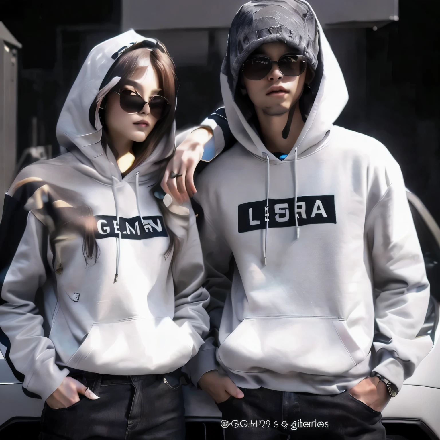 arafed image of a couple of people wearing hoodies and sunglasses, realistic clothing, artwork in the style of guweiz, beautiful gemini and libra