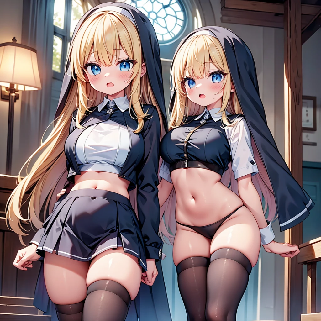 (cute eyes:1.2), (sparkling eyes:1.2), highest quality,wonderful,finely,extremely detailed CG Unity 8K wallpaper, (Stand in line:1.2), (3 girls, clothed), (nun:1.1), (Underboob:1.2), (midriff peek:1.2), (midium breasts), (open mouth:1.1), (long tongue:1.1), (mouth drool:1.1), (black stockings:1.1),(Thighs:1.2)
