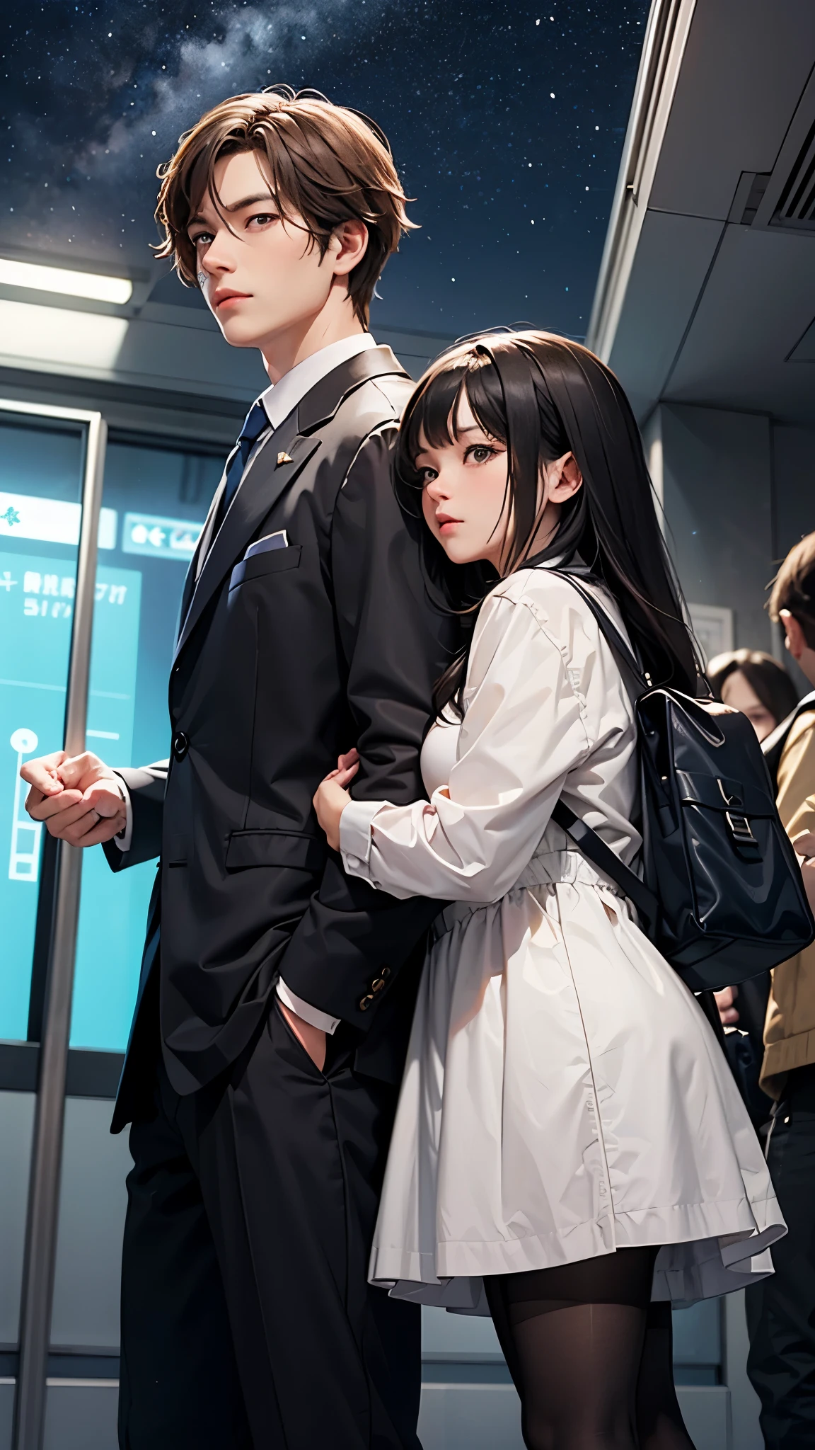 Bright starry sky. Romantic subway station pure, Beautiful anime scene, Anime Landscape, Enhance Details. A boy and a girl meet each other. The faces of the characters are clearly visible. The faces of the couple are gradually clear. 