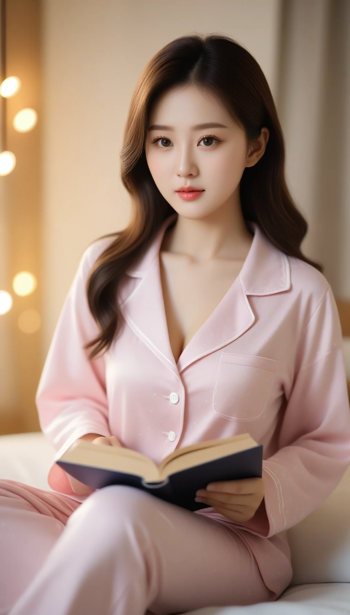 close-up of beautiful korean female, 34 inch breasts size, wearing pyjamas, reading book in the room, bokeh background
