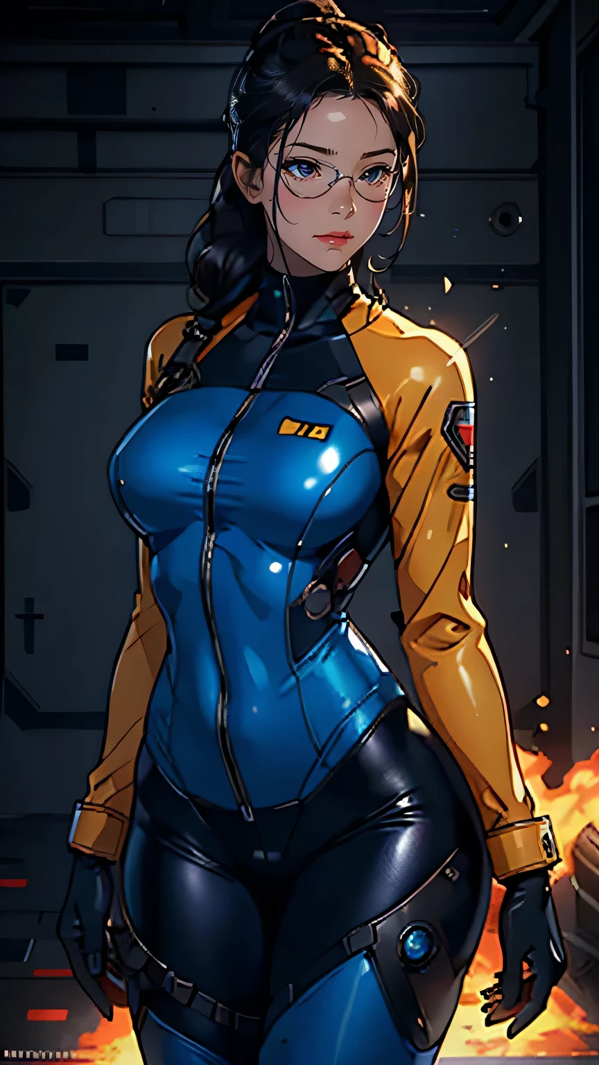 Cowboy shot, (full body shot), Lady bug, full body, dark hair, Perfect face, beautiful detailed hazel eyes, symmetrical eyes, (detailed face), slender, dramatic lighting, (8k, photo, masterpiece), (highest quality), (best shadow), (best illustration), ultra high resolution, 8K wallpapers, physically based rendering, high contrast, f1 lens .6, intense colors, hyper-realistic texture, cinestill 800), detailed face, blue-yellow medical doctor suit, doctor coat, glasses, bodysuit, battlefield medic, high ponytail, hightech military communication headset, urban techwear,milf,renaissance,ruanyi0288,skin tight,firemenoutfit