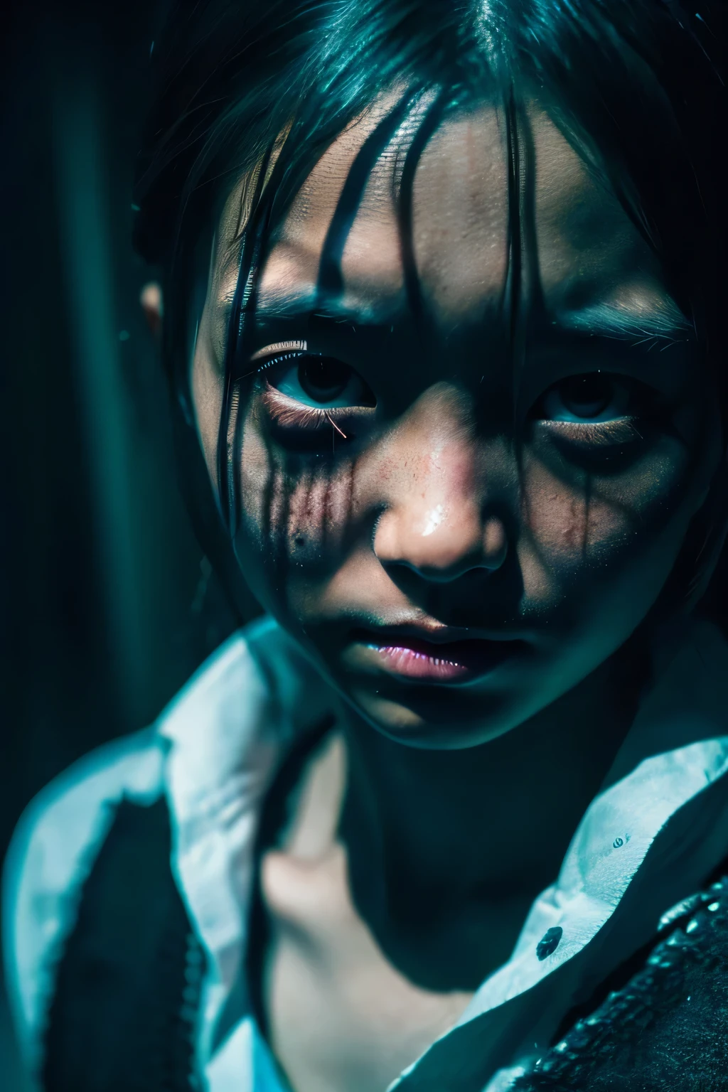 extreme close up, 50mm lens. Brunette Malay girl with long black hair. horrible burn scars on her face, also her left eye would be white and the other eye brown. she look sad. eerie, scary, horror movie, darkness background, low light. cinematic shot.