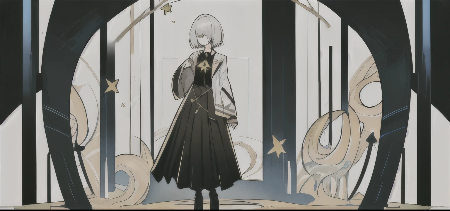 (masterpiece), (unity 8k), (1girl:1.3), solo, large chest, ((silver hair)), messy hair, short hair, golden yellow eyes, star-based design, cardigan, black long gloves, brown shoes, skirt, black leg tights, leg warmers, spiral swirls in eyes, left eye hidden, bangs over left eye, ribbons, frills, lace, ((one eye hidden)), ((full body:1.3)), full body
