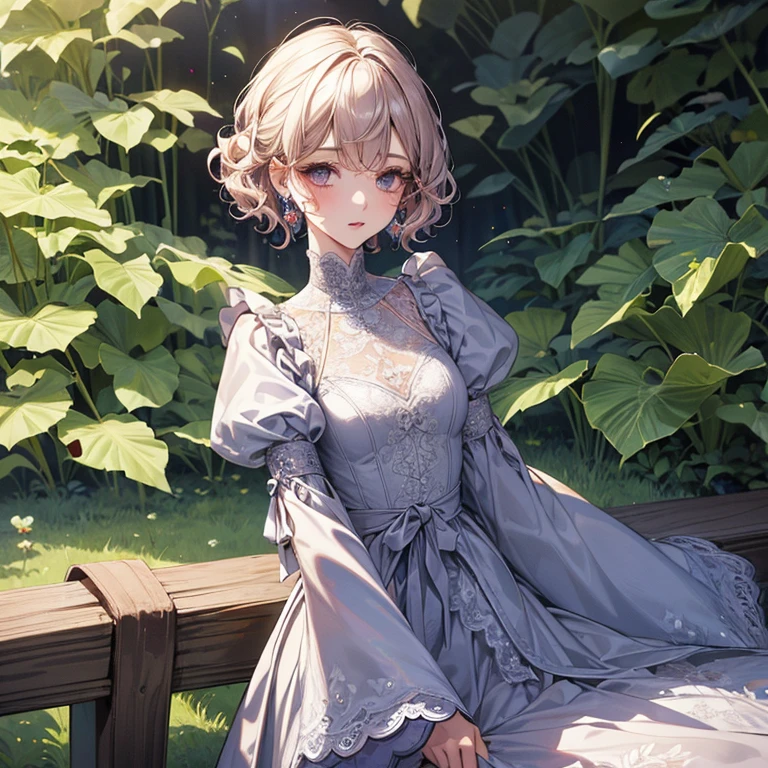 Curly hair、Pixie Cut、Lace high neck long sleeve top、Long eyelashes、Gal、fine、young、delicate、10th Generation、Slender girl、Earrings、Liveliness、