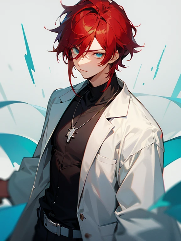 Masterpiece, best quality, expressive eyes, perfect face, 1boy, male focus, red hair, cyan eyes, laboratory coat, necklace, belt,