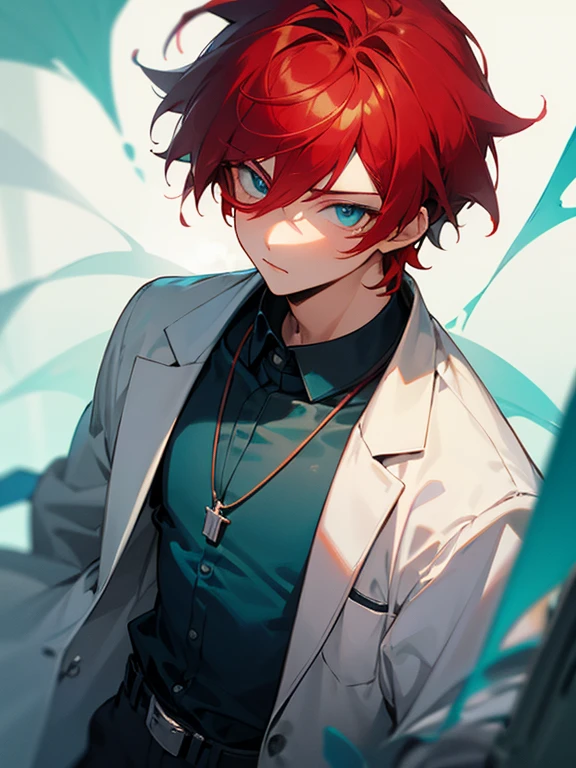 Masterpiece, best quality, expressive eyes, perfect face, 1boy, male focus, red hair, cyan eyes, laboratory coat, necklace, belt,