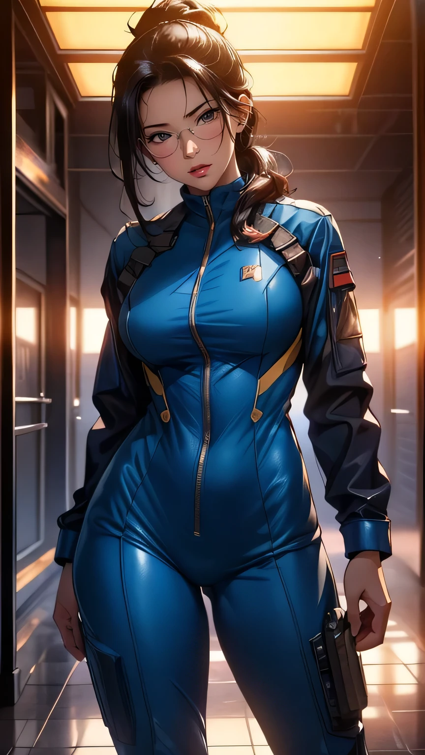 Cowboy shot, (full body shot), Lady bug, full body, dark hair, Perfect face, beautiful detailed hazel eyes, symmetrical eyes, (detailed face), slender, dramatic lighting, (8k, photo, masterpiece), (highest quality), (best shadow), (best illustration), ultra high resolution, 8K wallpapers, physically based rendering, high contrast, f1 lens .6, intense colors, hyper-realistic texture, cinestill 800), detailed face, blue-yellow medical doctor suit, doctor coat, glasses, bodysuit, battlefield medic, high ponytail, hightech military communication headset, urban techwear,milf,renaissance,ruanyi0288,skin tight,firemenoutfit
