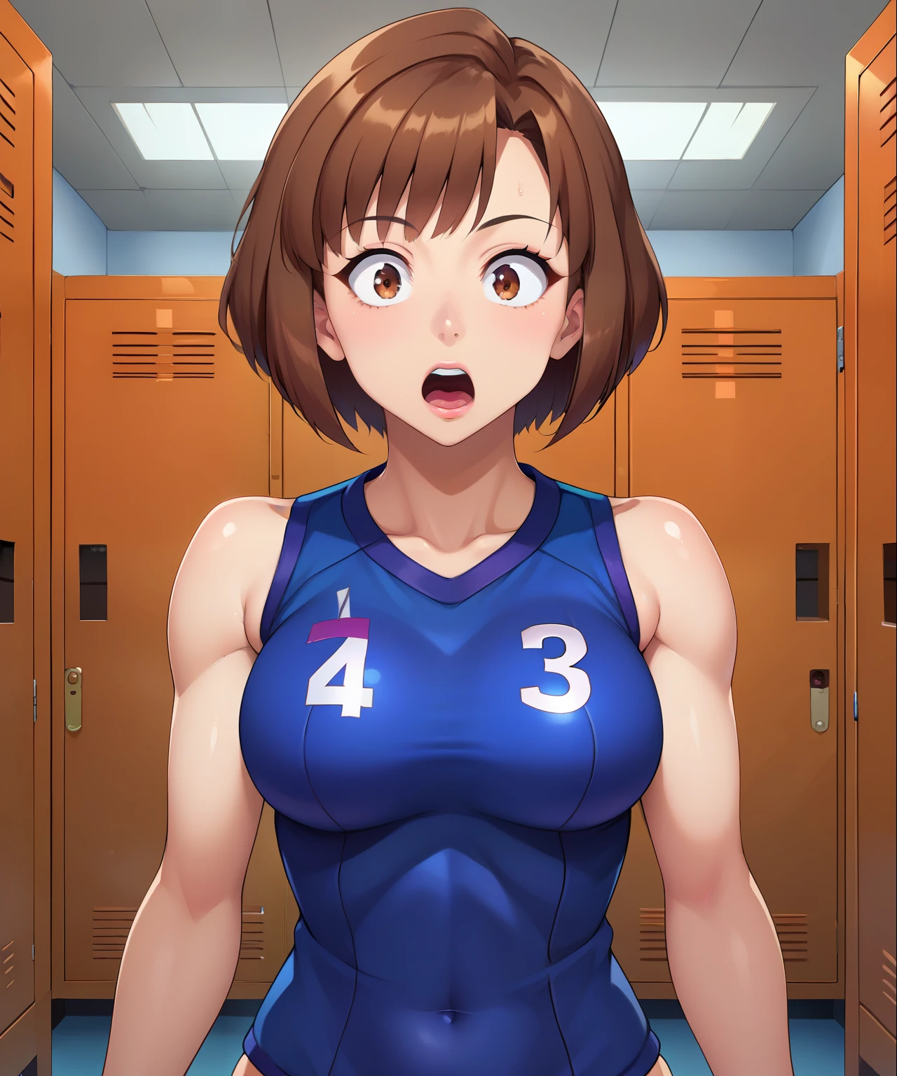 kaori,brown hair,brown eyes,short hair,surprised,
volleyball uniform,sleeveless,number 7,
standing,upper body,
locker room,
(insanely detailed, beautiful detailed face, masterpiece, best quality),solo,